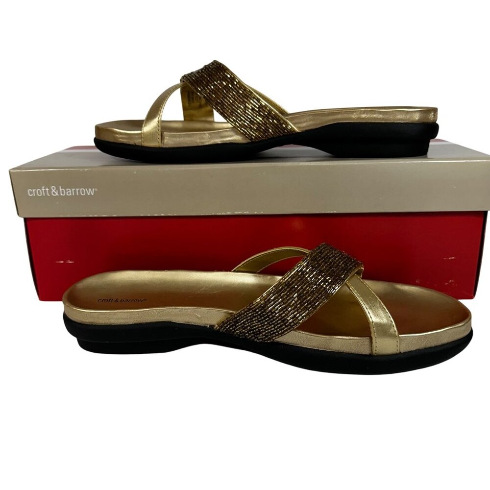 Womens Croft & Barrow Gold Beaded Strappy Slide Sandals  Size 9 M Beach Vacation - Picture 2 of 8